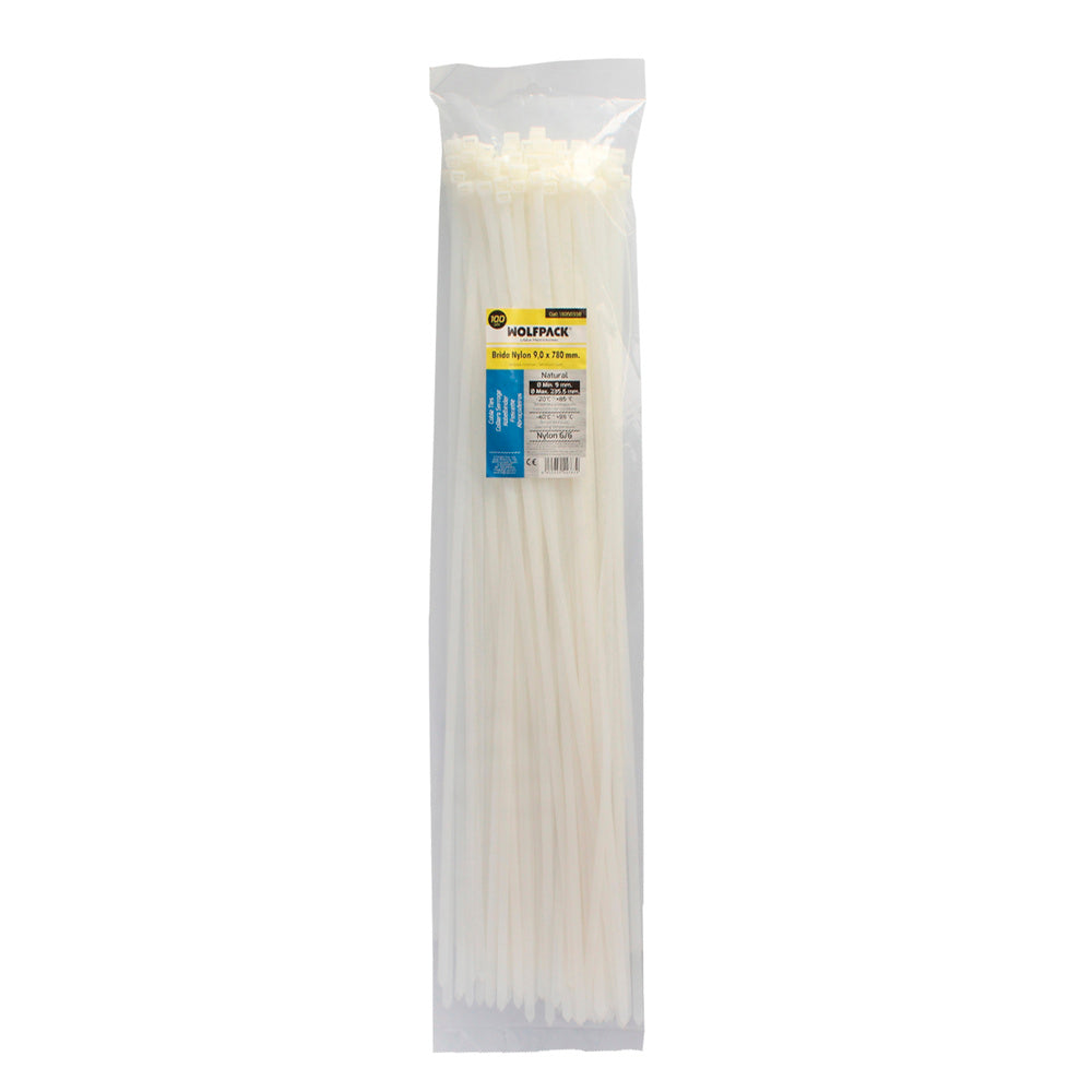 Brida nylon 100%. Color blanco / natural 9,0 x 780 mm 100 piezas. Abrazadera plástico, organizador cables, alta resistencia