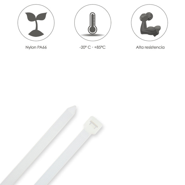 Brida nylon 100%. color blanco / natural 2,5 x135 mm. 100 piezas. abrazadera plástico, organizador cables, alta resistencia