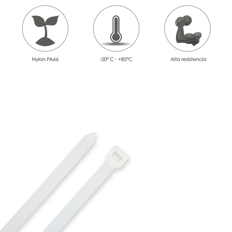 Brida nylon 100%. color blanco / natural 2,5 x135 mm. 100 piezas. abrazadera plástico, organizador cables, alta resistencia