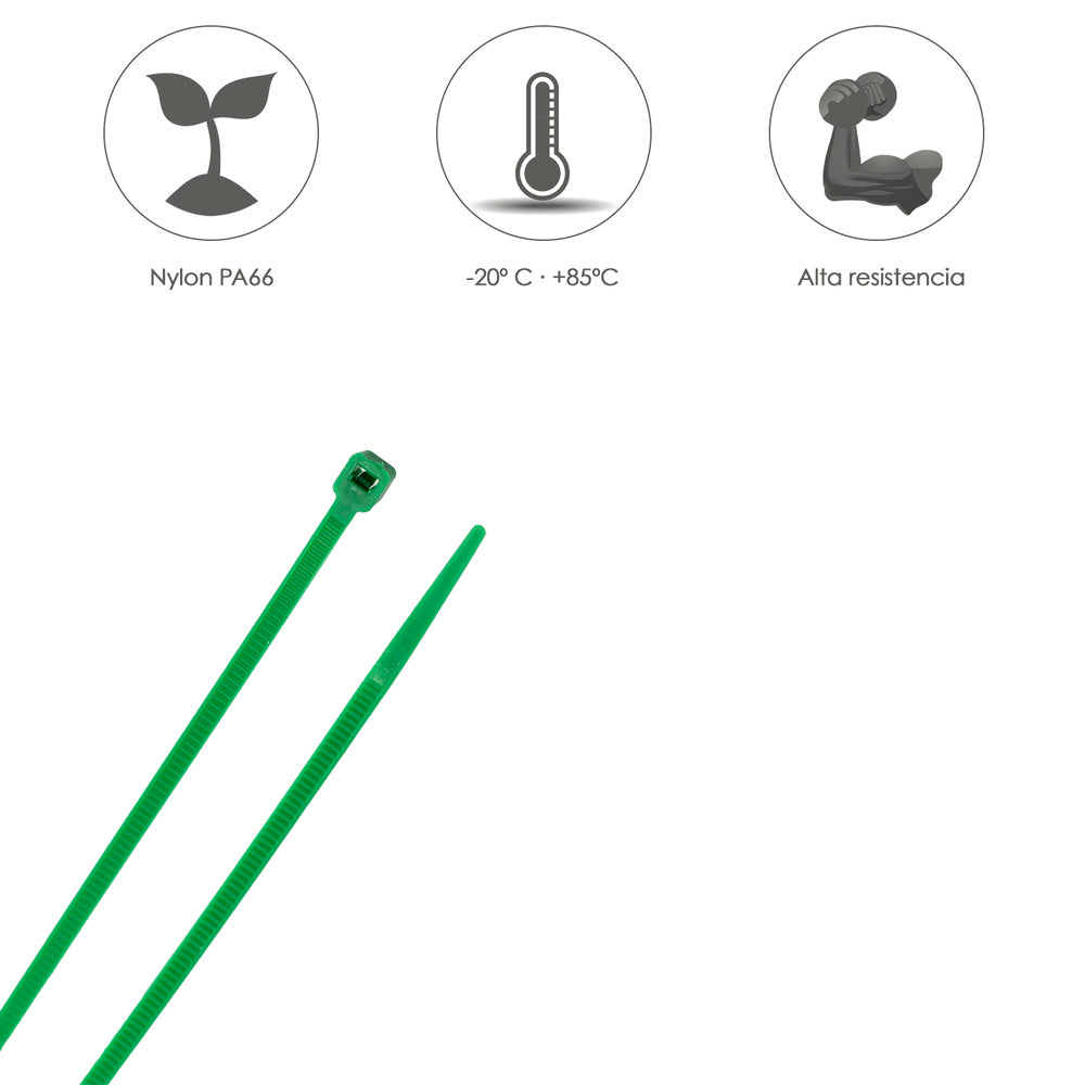 Brida nylon 100%. Color verde 2,5 x 100 mm bolsa 100 unidades. Abrazadera plástico, organizador cables, alta resistencia