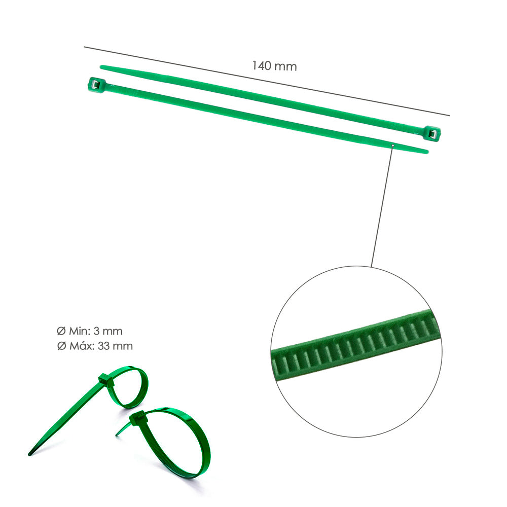 Brida nailon 100%. Color verde 3,6 x 140 mm bolsa 100 unidades. Abrazadera plástico, organizador cables, alta resistencia