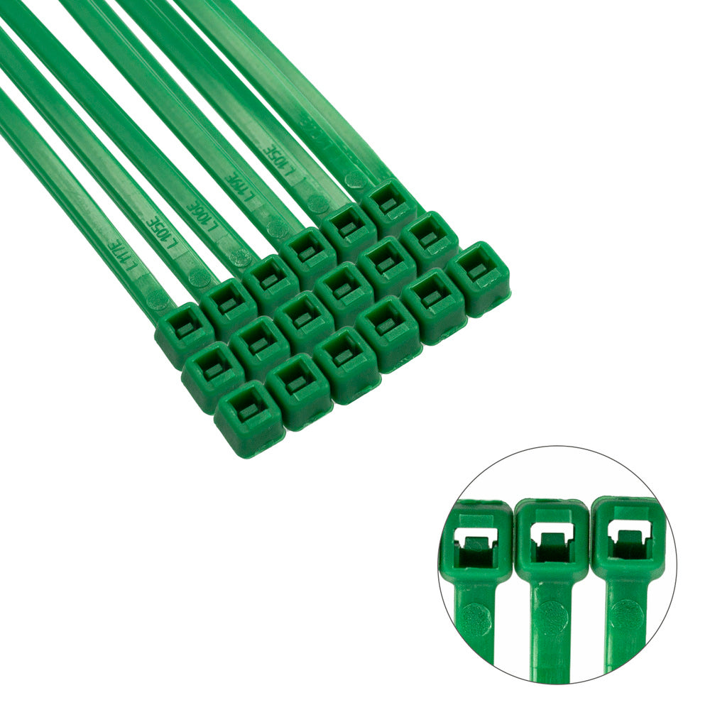 Brida nailon 100%. Color verde 3,6 x 140 mm bolsa 100 unidades. Abrazadera plástico, organizador cables, alta resistencia