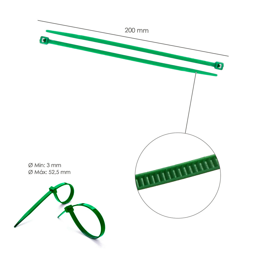 Brida nailon 100%. Color verde 3,6 x 200 mm bolsa 100 unidades. Abrazadera plástico, organizador cables, alta resistencia