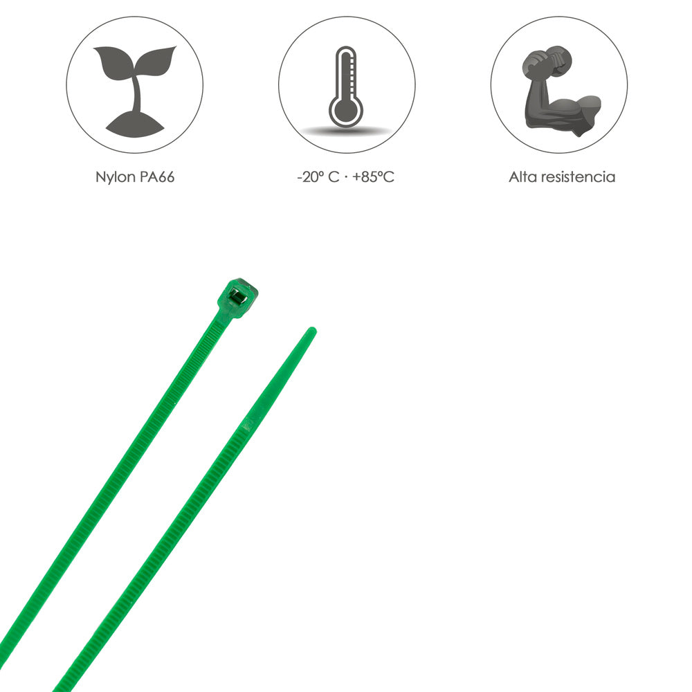 Brida nailon 100%. Color verde 3,6 x 200 mm bolsa 100 unidades. Abrazadera plástico, organizador cables, alta resistencia