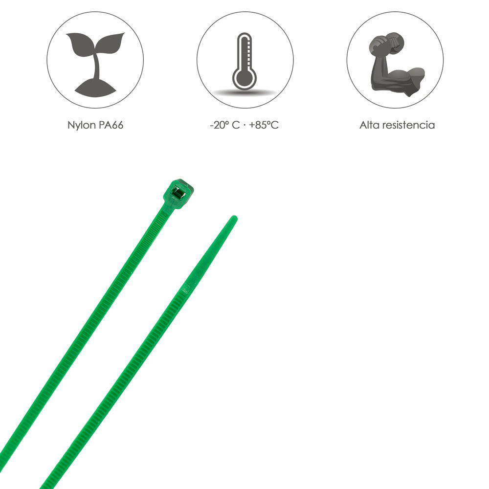 Brida nailon 100%. Color verde 4,6 x 200 mm bolsa 100 unidades. Abrazadera plástico, organizador cables, alta resistencia