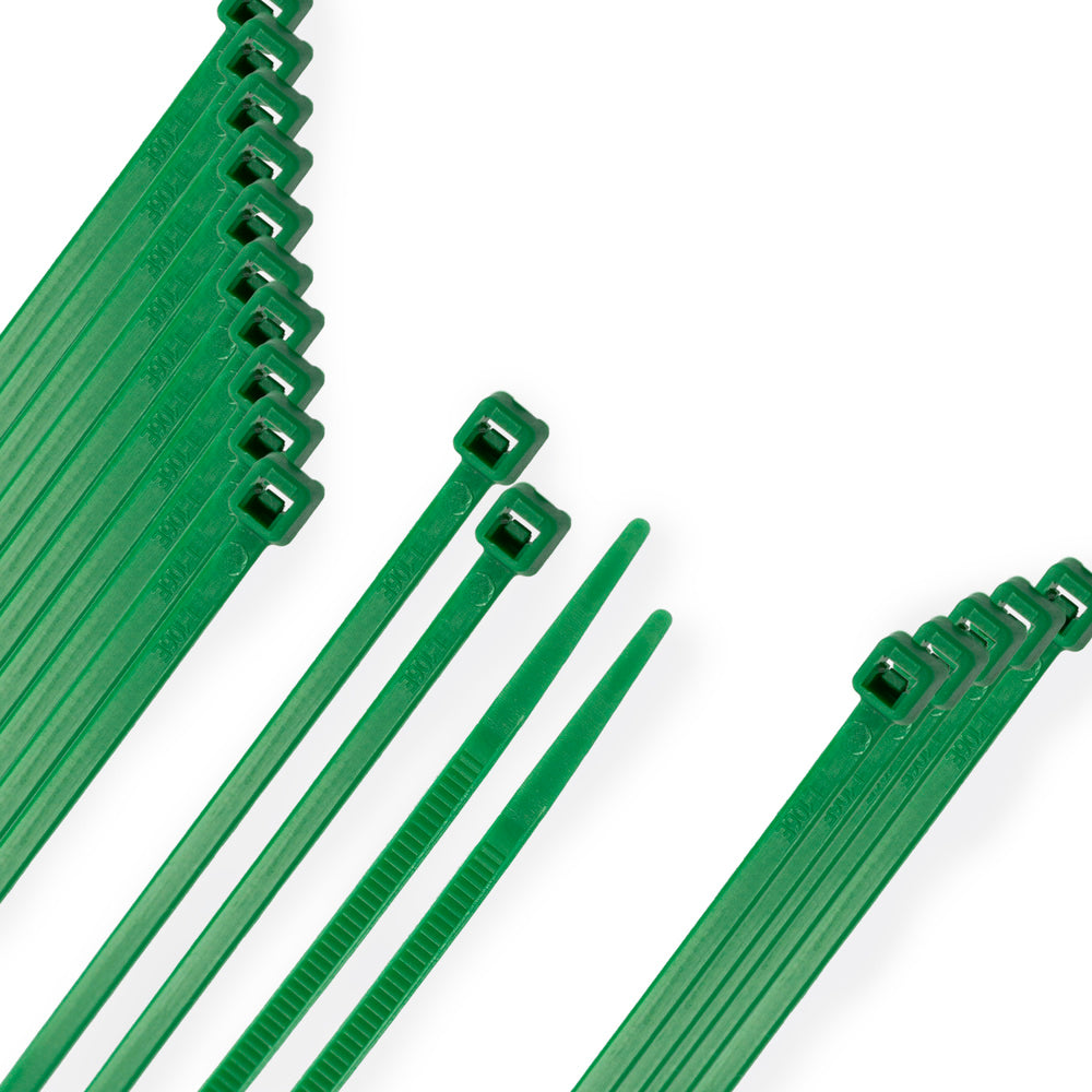 Brida nailon 100%. Color verde 4,6 x 300 mm bolsa 100 unidades. Abrazadera plástico, organizador cables, alta resistencia