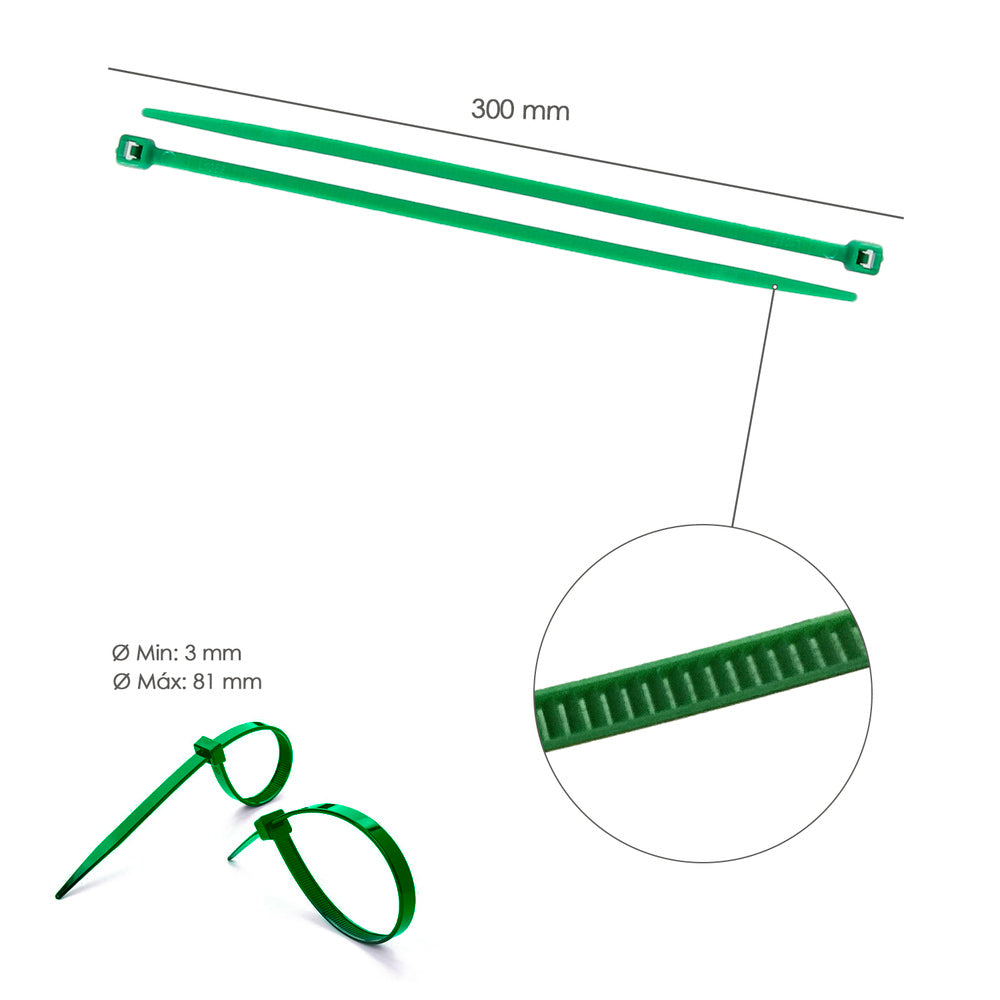 Brida nailon 100%. Color verde 4,6 x 300 mm bolsa 100 unidades. Abrazadera plástico, organizador cables, alta resistencia