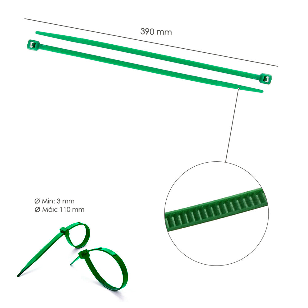Brida nylon 100%. Color verde 4,6 x 390 mm bolsa 100 unidades. Abrabridas nylon 100% verde 4,6x390 mm (bolsa 100 unidades)