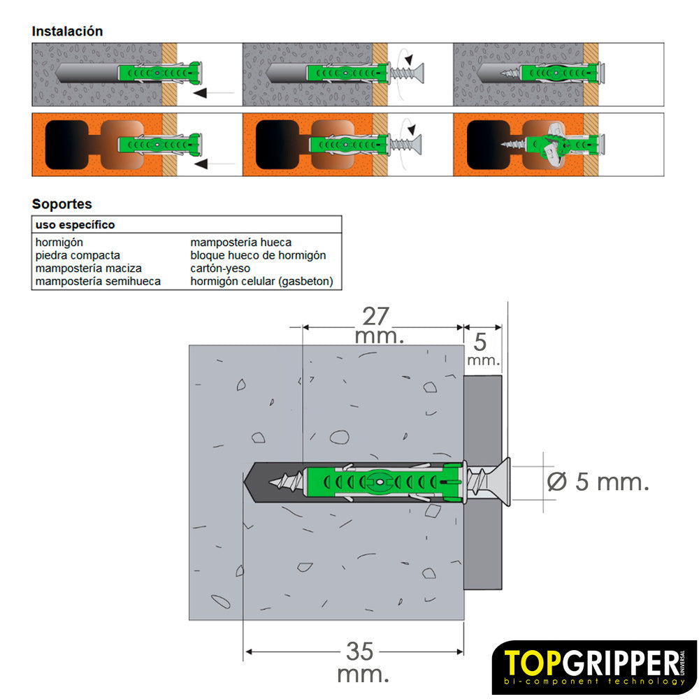 Taco topgripper bimaterial ø 5 mm (caja 200 unidades) taco anclaje universal, taco hormigon, taco pladur, taco ladrillo