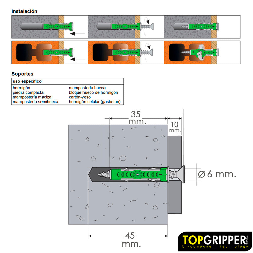 Cubo tacos topgripper bimaterial con tornillos ø 6 mm 250 piezas taco anclaje universal, taco hormigón, taco pladur