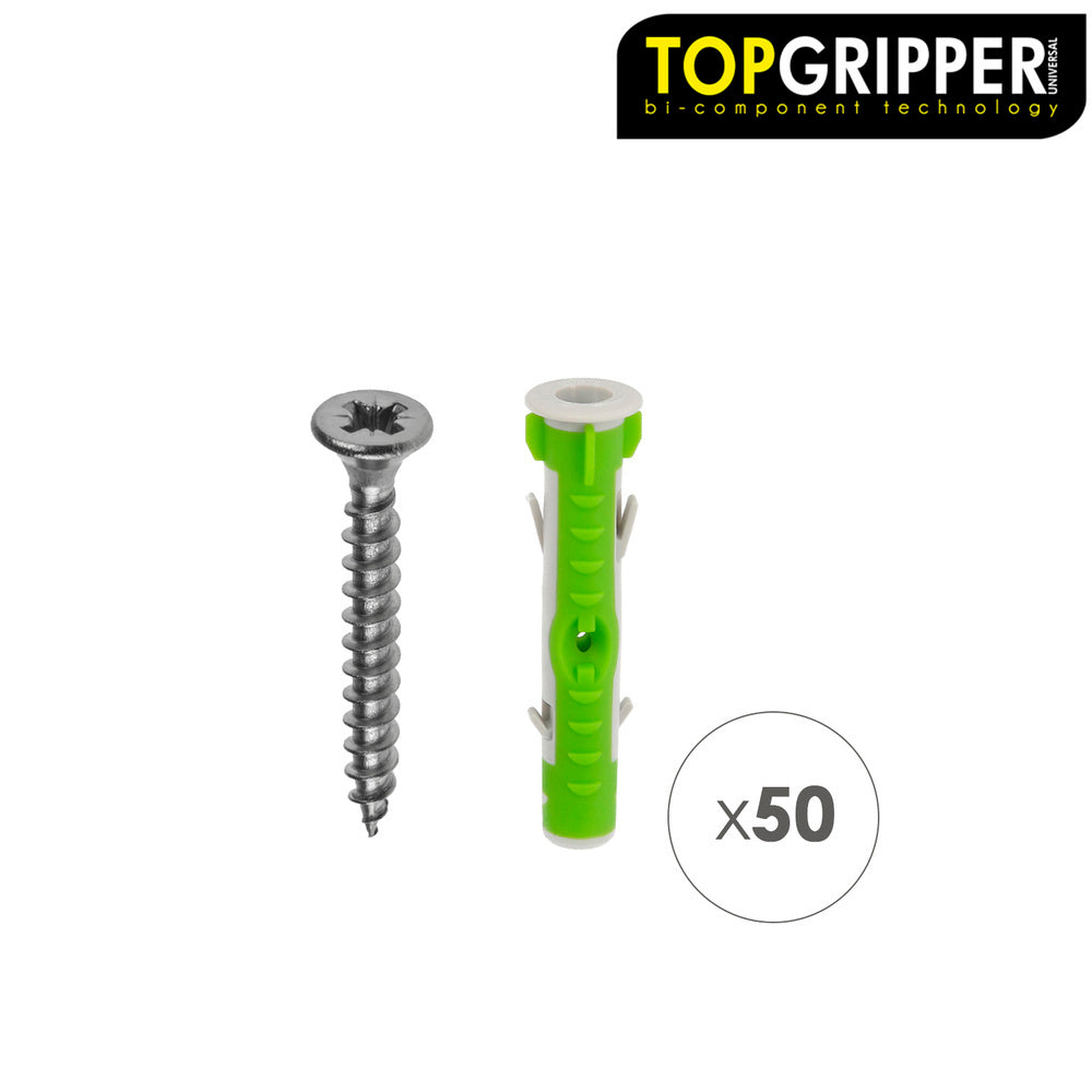 Blíster tacos topgripper bimaterial con tornillos ø 5 mm 50 piezas taco anclaje universal, taco hormigón, taco pladur,