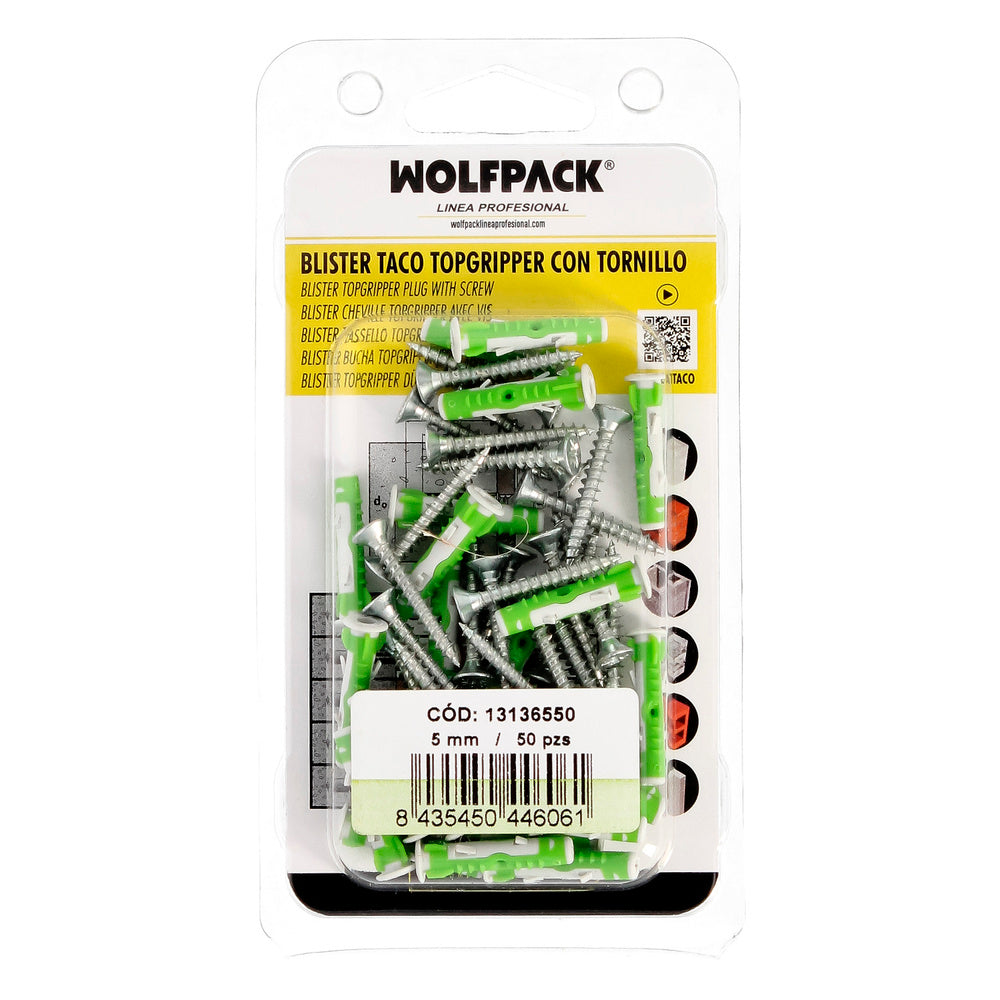 Blíster tacos topgripper bimaterial con tornillos ø 5 mm 50 piezas taco anclaje universal, taco hormigón, taco pladur,