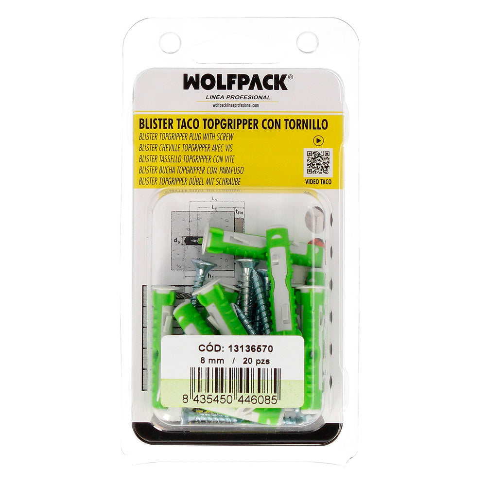 Blíster tacos topgripper bimaterial con tornillos ø 8 mm 20 piezas taco anclaje universal, taco hormigón, taco pladur