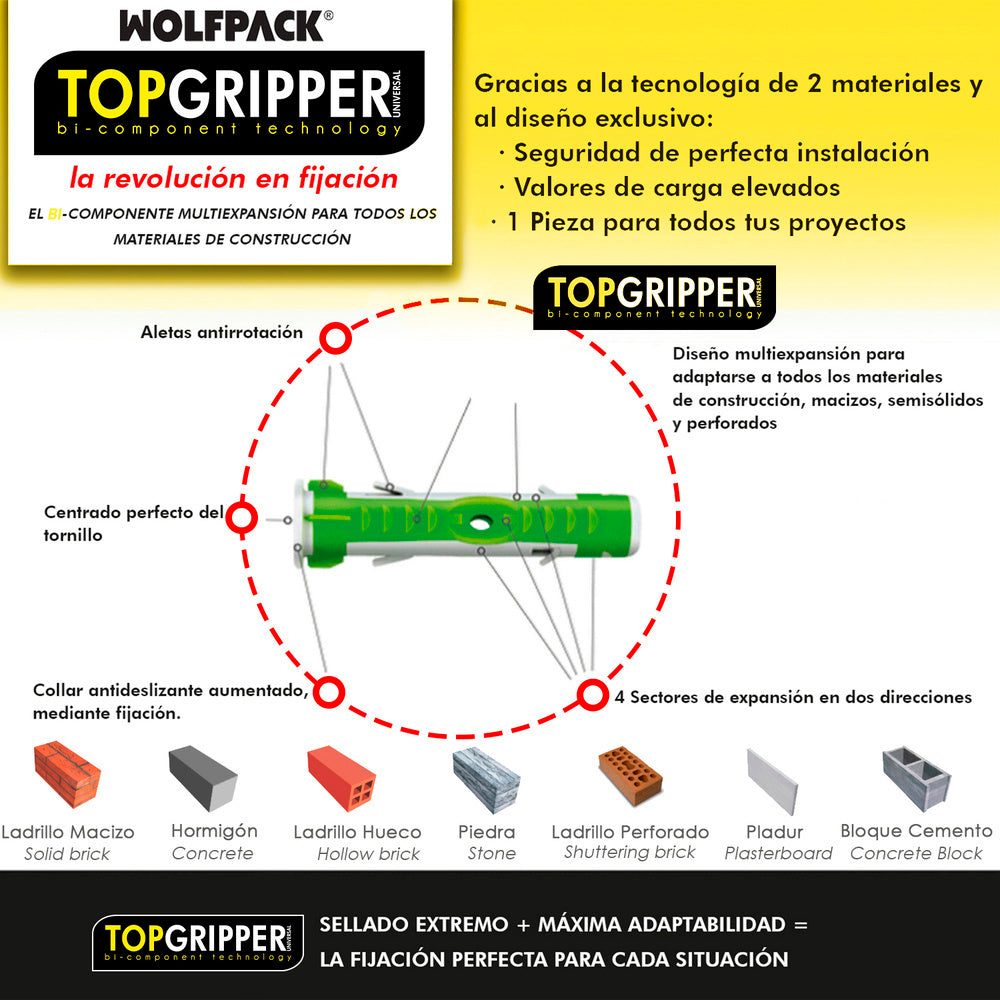 Blíster tacos topgripper bimaterial con tornillos ø 10 mm 10 piezas taco anclaje universal, taco hormigón, taco pladur