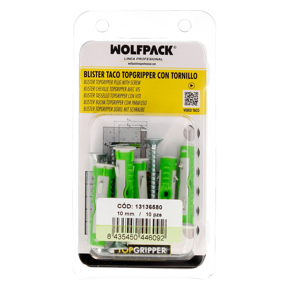 Blíster tacos topgripper bimaterial con tornillos ø 10 mm 10 piezas taco anclaje universal, taco hormigón, taco pladur