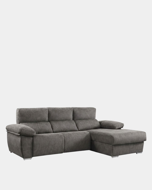 Chaise longue cinzenta com 3 lugares e assentos reclináveis.