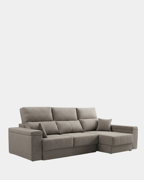 Chaise longue cinzenta, macia e confortável, para uma sala de estar moderna.