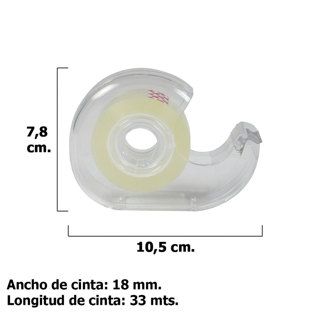 Clear adhesive tape 18 mm x 33 m with dispenser.