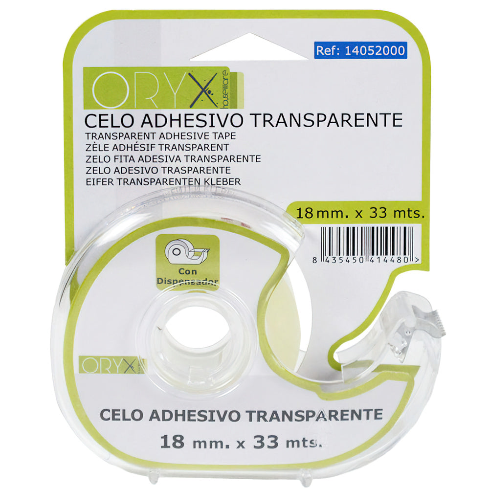 Clear adhesive tape 18 mm x 33 m with dispenser.