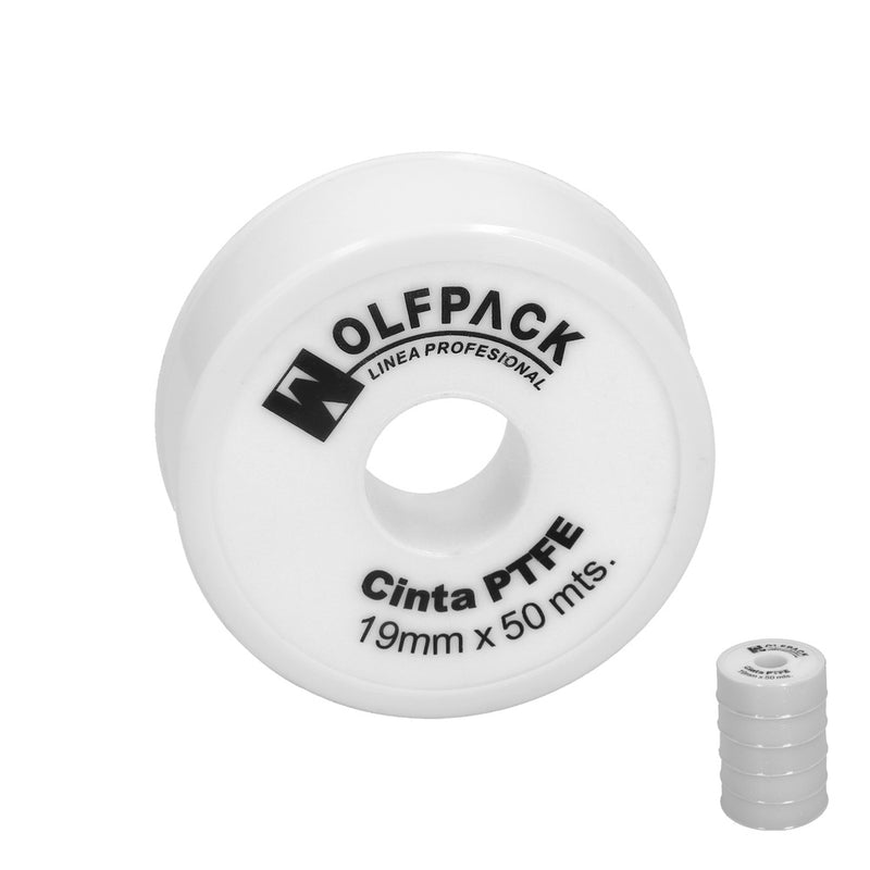 Cinta PTFE wolfpack 19 mm. x 50 m. grueso. (paquete de 5 rollos)