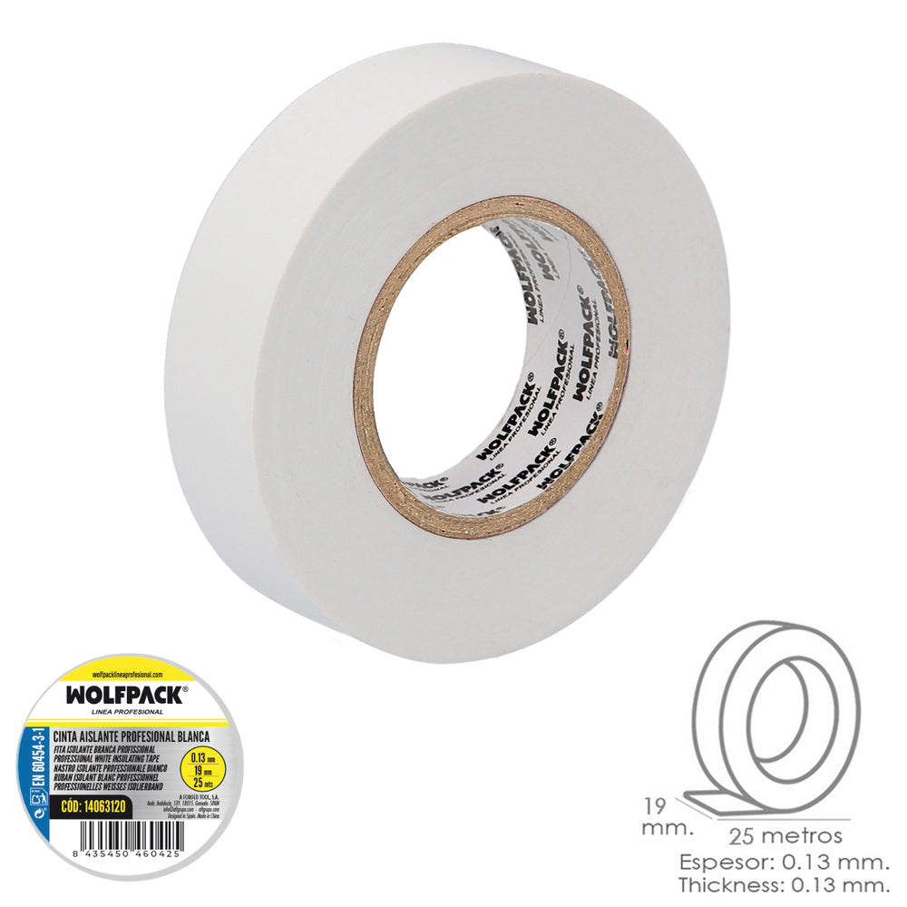 Fita isoladora profissional branca espessura 0,13 mm largura 19 mm rolo 25 metros fita eletricista, fita isoladora cabos