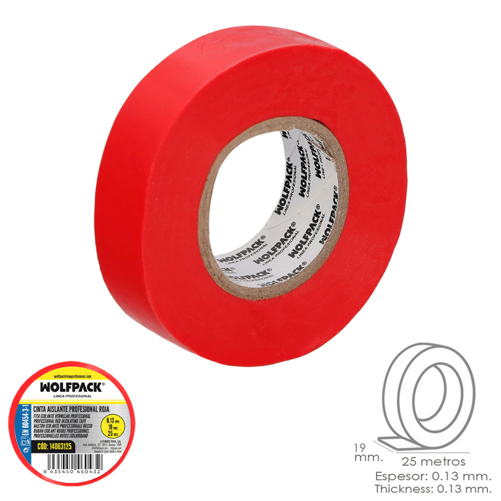 Fita isoladora profissional vermelha espessura 0.13 mm largura 19 mm rolo 25 metros fita eletricista, fita isoladora cabos