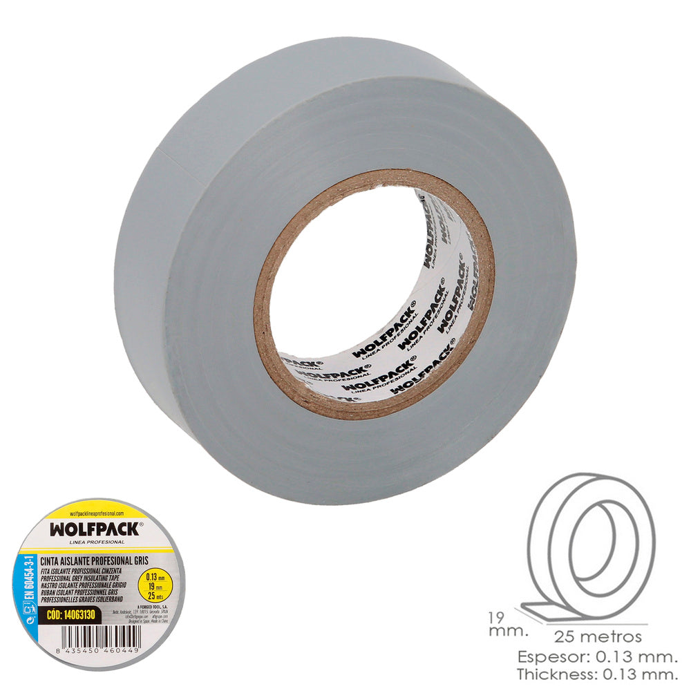 Fita isoladora profissional cinzenta espessura 0.13 mm largura 19 mm rolo 25 metros fita eletricista, fita isoladora cabos