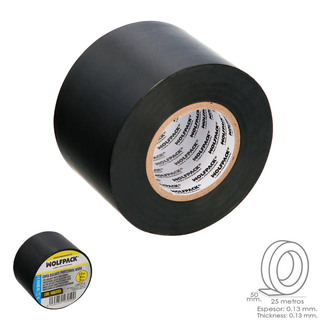 Cinta aislante profesional negra espesor 0.13 mm. ancho 50 mm. rollo 25 metros cinta electricista, cinta aislante cables