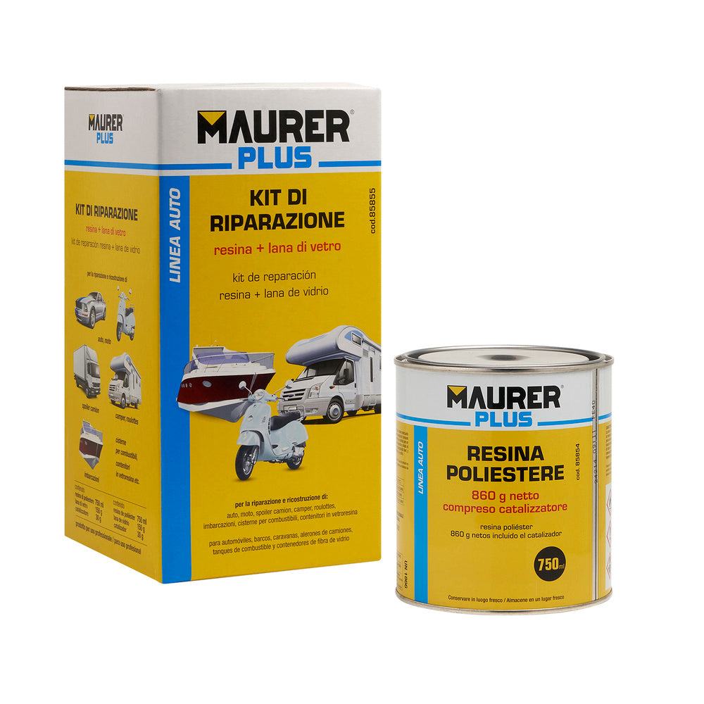 Kit reparación resina poliéster. 750 ml con endurecedor y 0,5m2 de fibra de vidrio