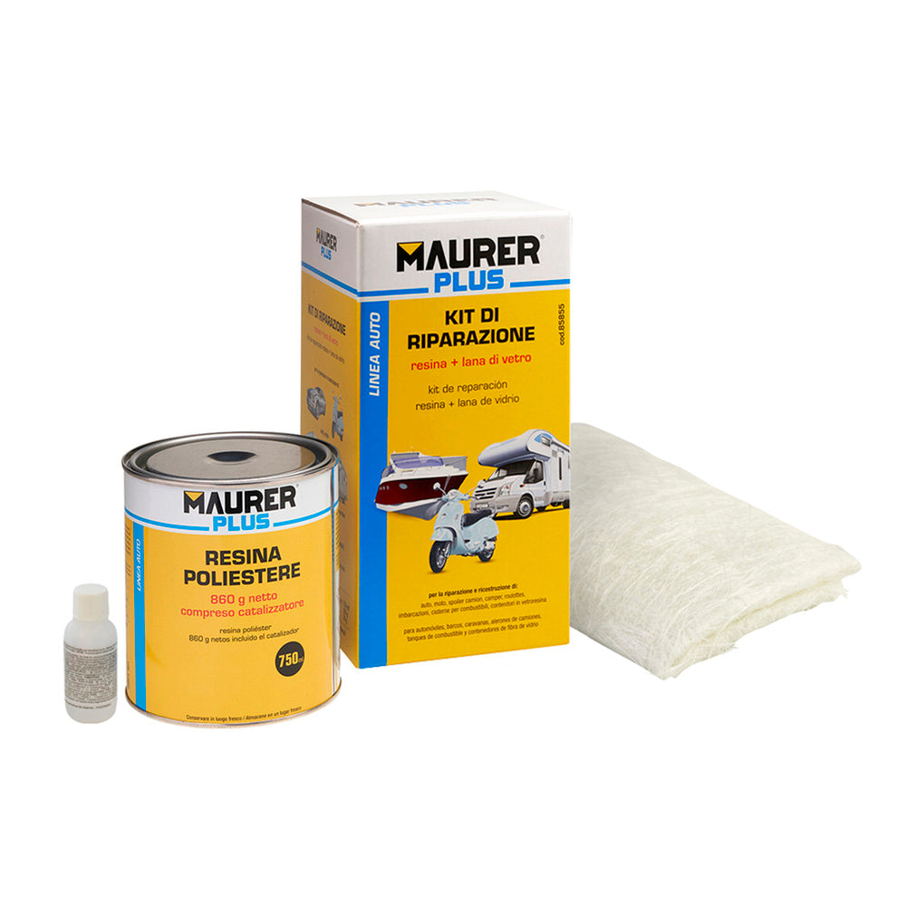 Kit reparación resina poliéster. 750 ml con endurecedor y 0,5m2 de fibra de vidrio