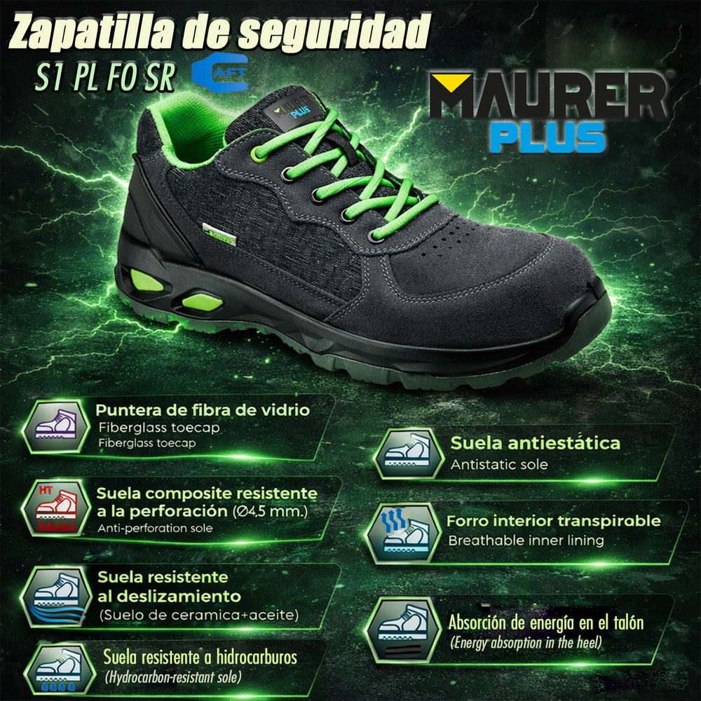 Zapatos seguridad maurer s1 modelo arlaz antideslizante con suela composite y resistencia a los hidrocarburos. Talla 44.