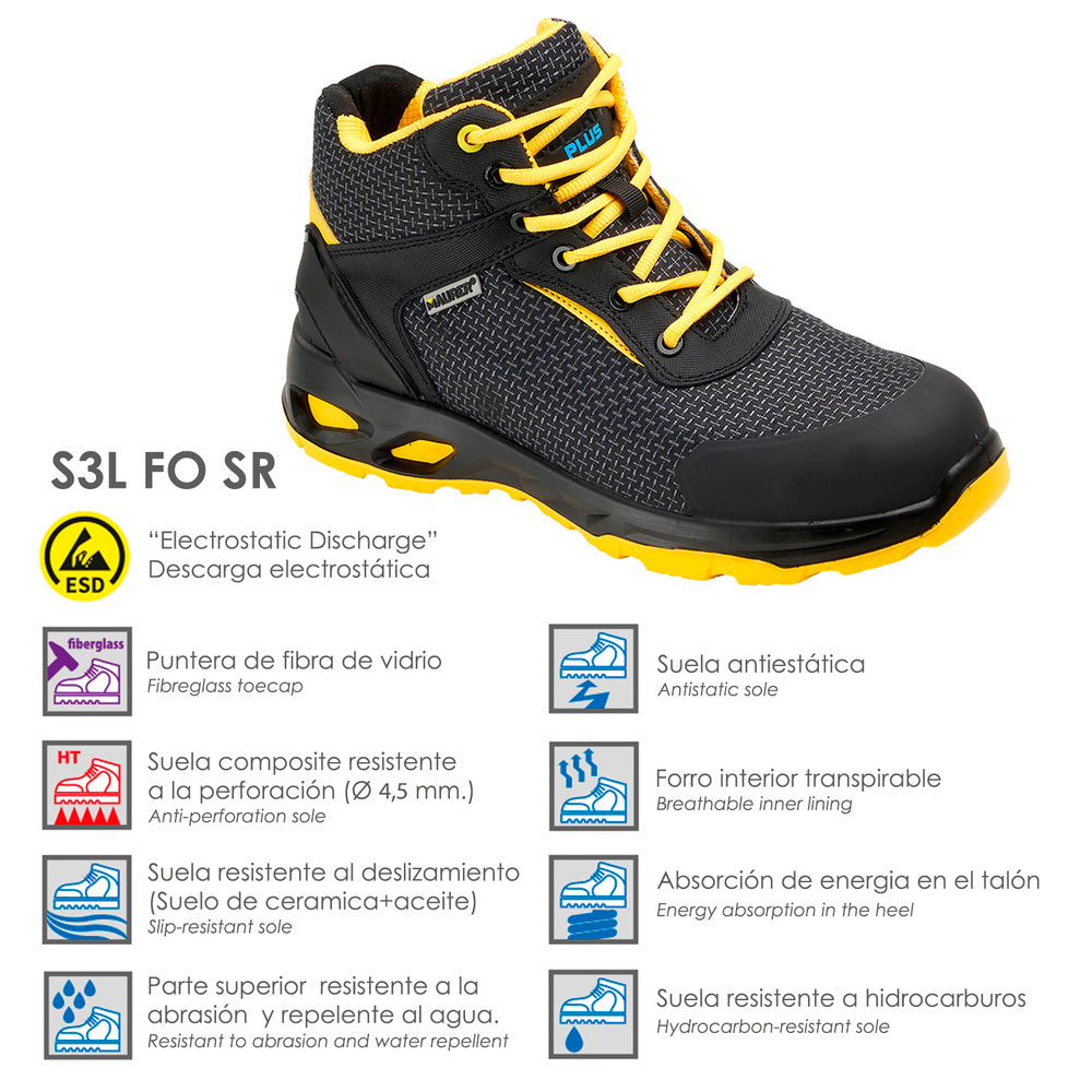 Botas seguridad maurer s3 modelo amerina antideslizante con suela resistente a los hidrocarburos. Talla 43.
