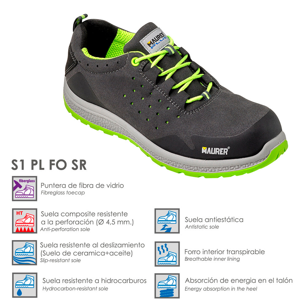 Deportiva seguridad maurer s1 modelo resia antideslizante con suela resistente a los hidrocarburos talla 40.