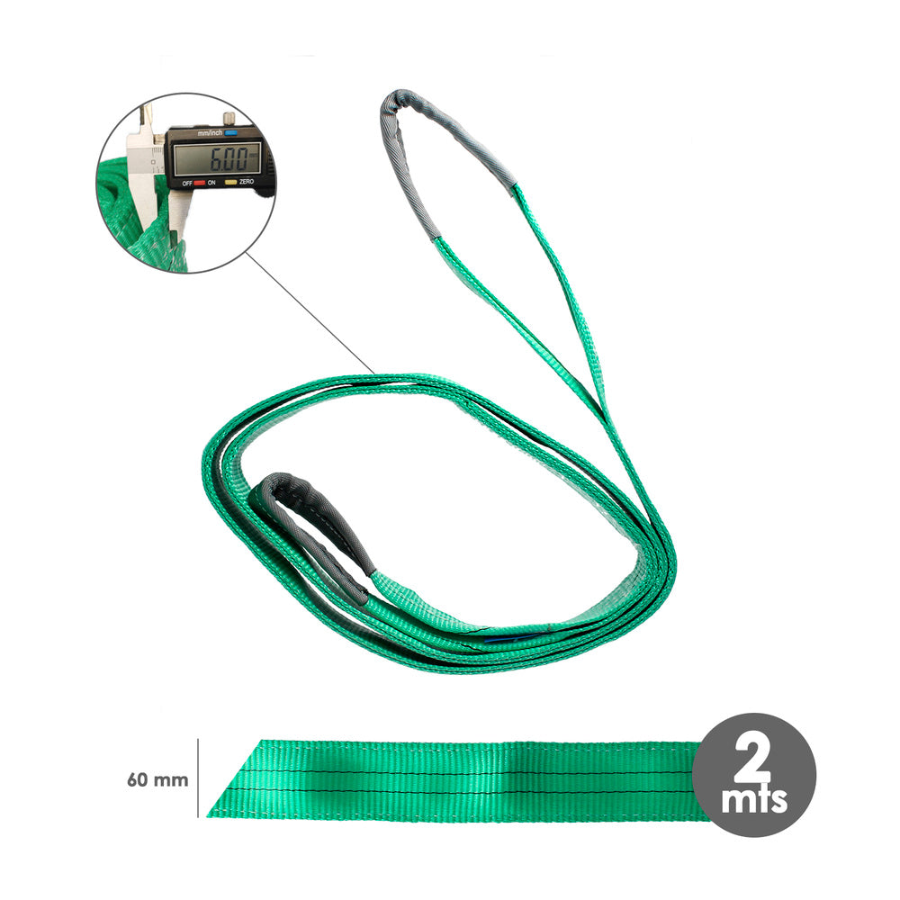 Cinta de elevação plana de dupla camada 2.000 kg. Fator de segurança 7:1, comprimento: 2 metros, largura 6 cm, 100% poliéster. Cor verde