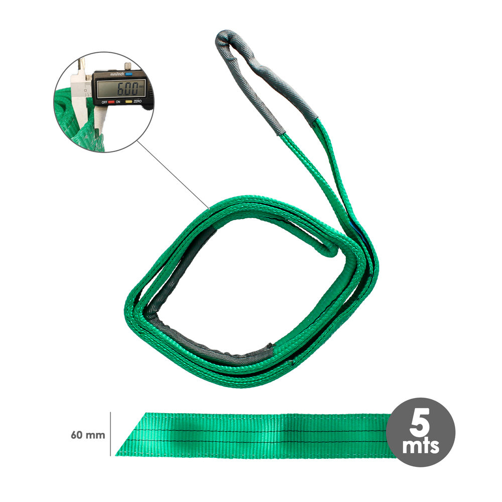 Flat webbing sling, double ply, 2,000 kg. Safety factor 7:1, length: 5 meters, width 6 cm, 100% polyester. Green color