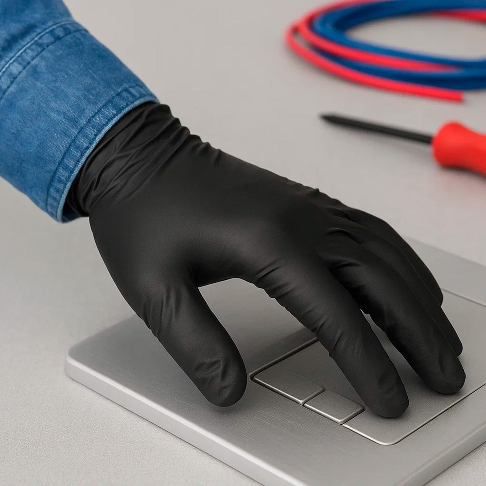 Black disposable nitrile gloves, size S, 5.5 g, thick, box of 100 gloves.