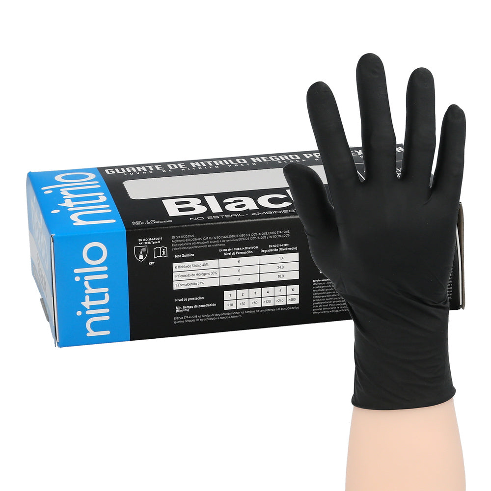 Black disposable nitrile gloves, size S, 5.5 g, thick, box of 100 gloves.