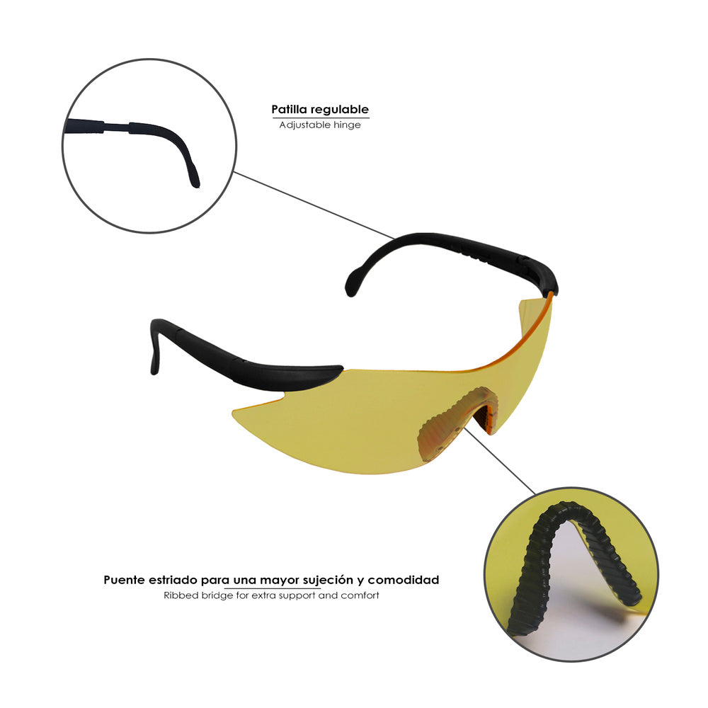 Gafas protección en166 patillas ajustables lentes ámbar, puente engomado, homologadas en166