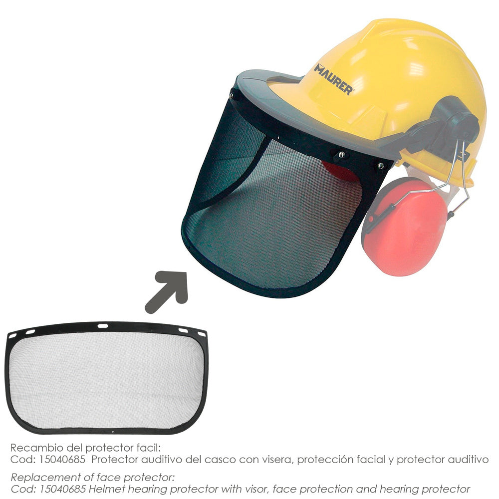 Replacement face shield for helmet with visor, mesh face shield, and Maurer model 99790 ear protection