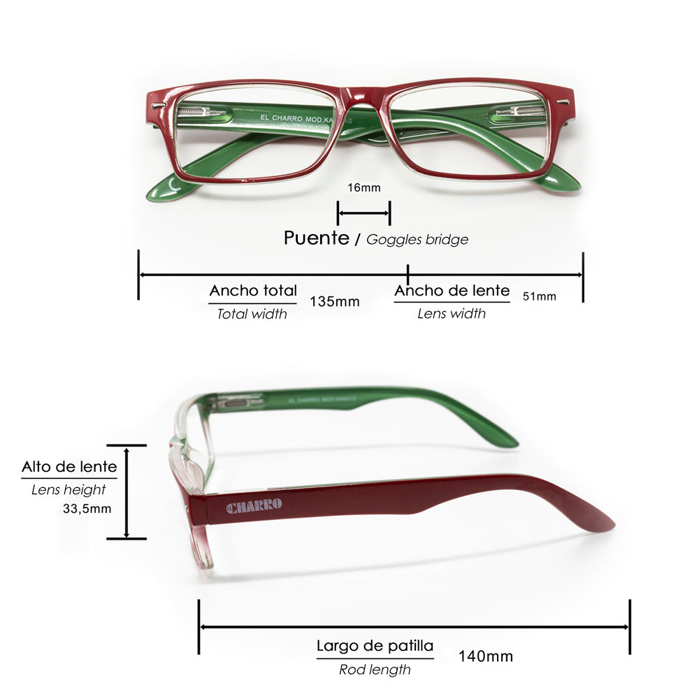 Gafas lectura kansas rojo / verde. Aumento +3,0 gafas de vista, gafas de aumento, gafas visión borrosa