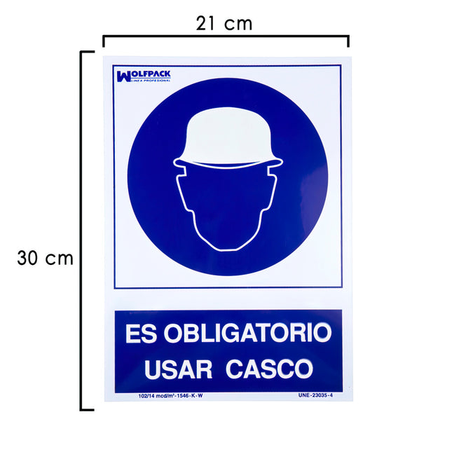 Cartel obligatorio usar casco 30x21 cm para obras exteriores