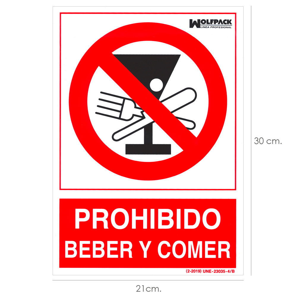Cartel prohibido beber y comer 30x21cm