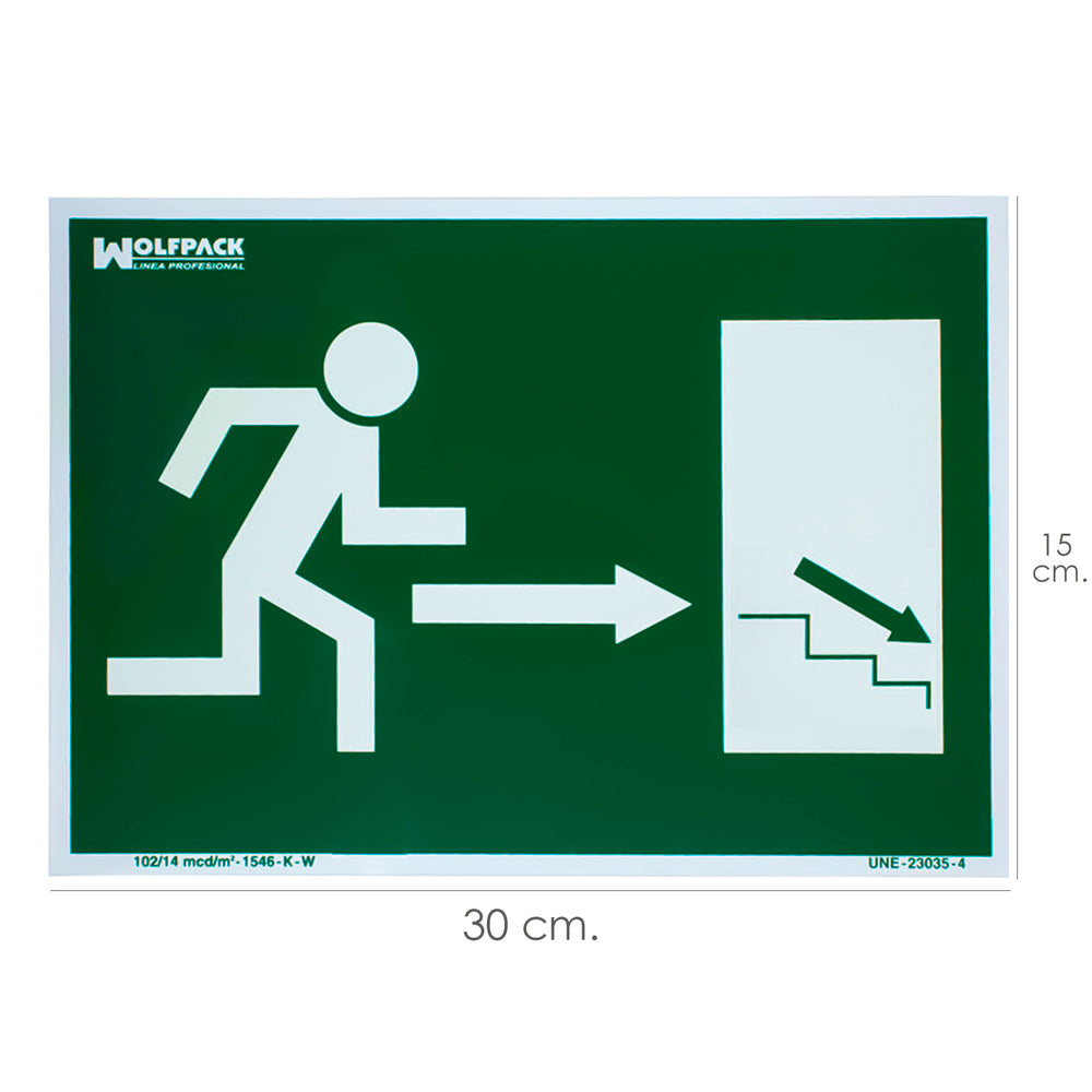Cartel / señal fluorescente / señal fluorescente salida escalera derecha abajo 21x30 cm