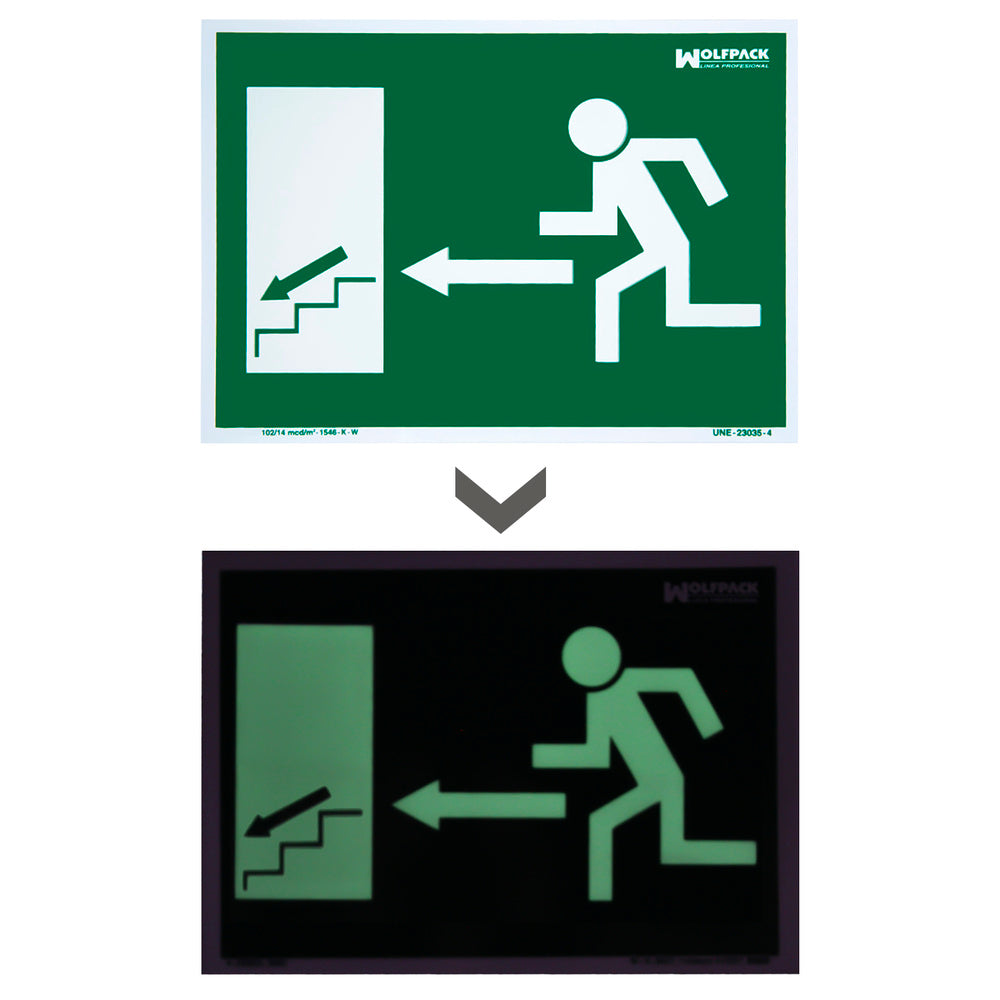 Cartel / señal fluorescente salida escalera izquierda abajo 21x30 cm