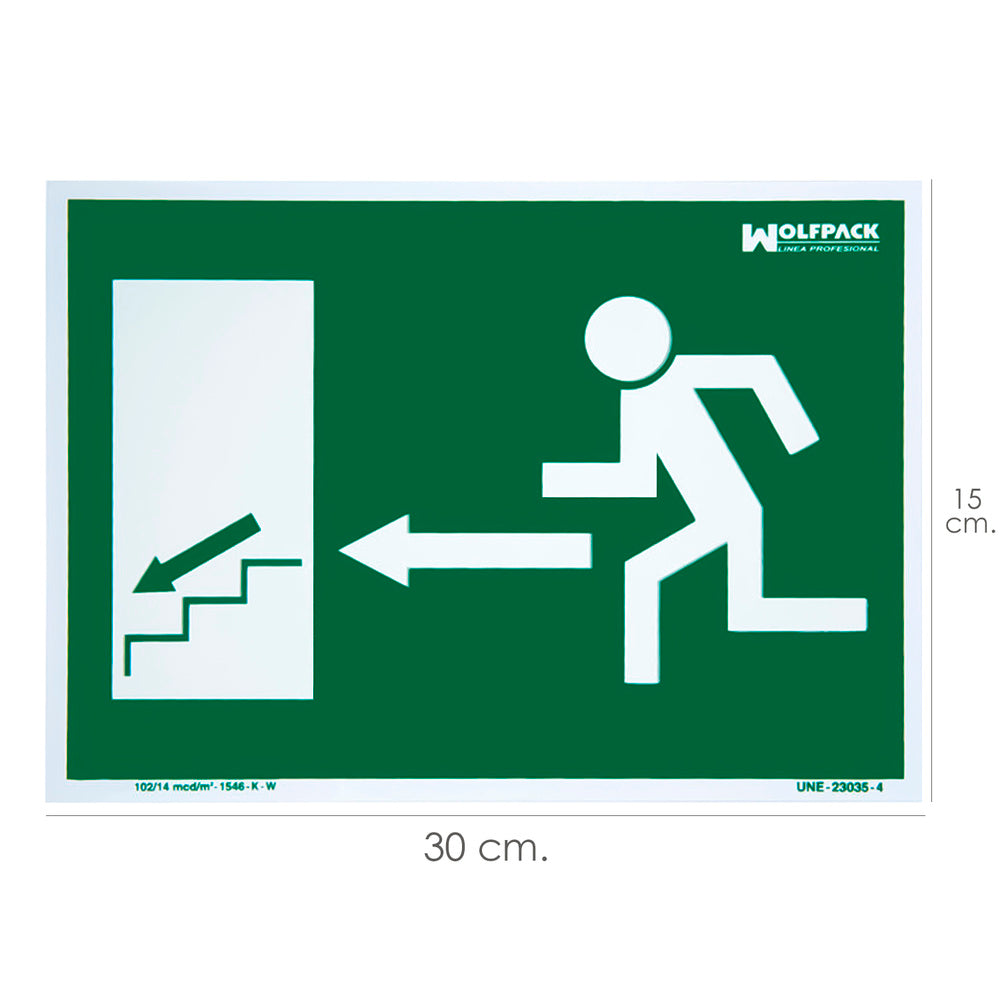 Cartel / señal fluorescente salida escalera izquierda abajo 21x30 cm