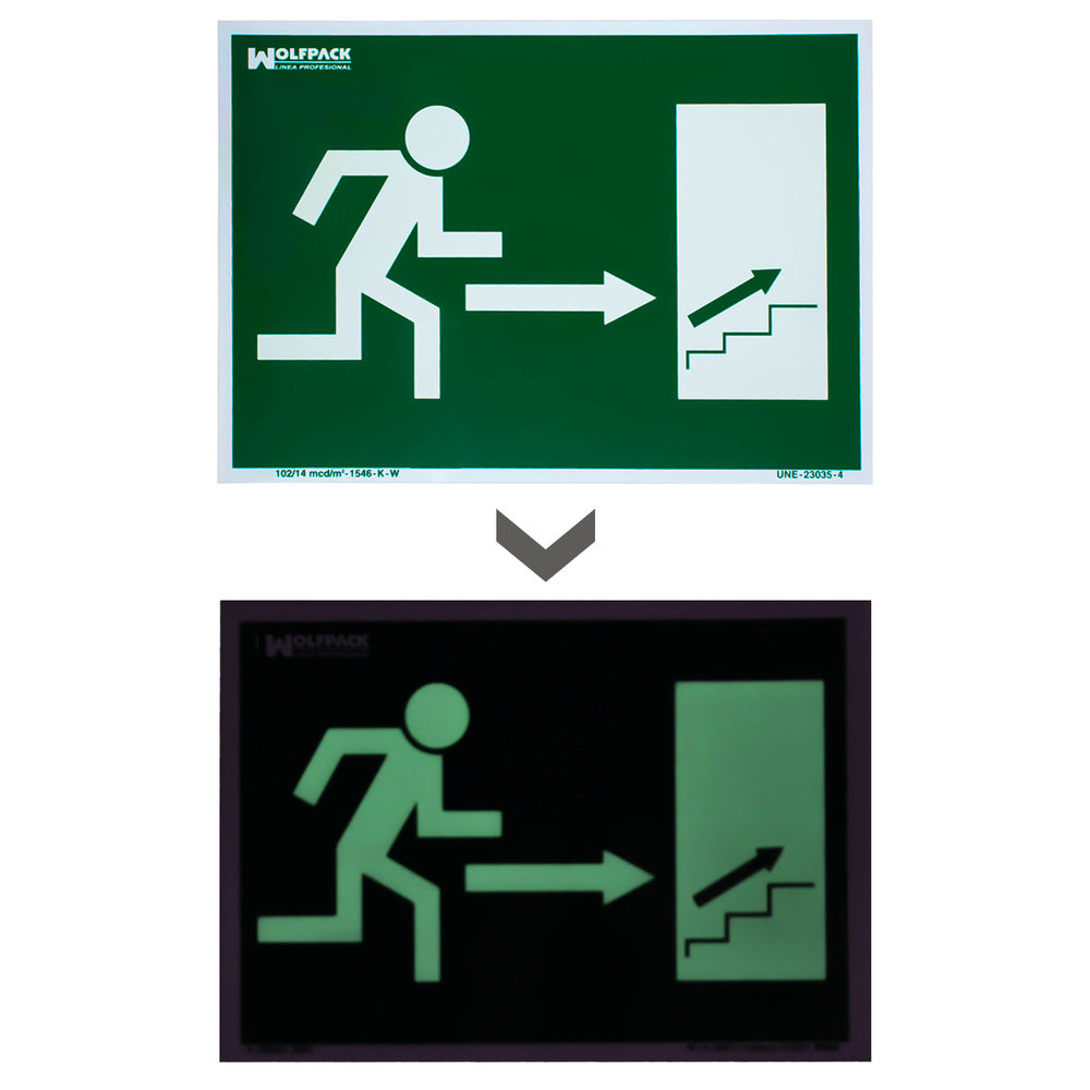 Cartel / señal fluorescente salida escalera derecha arriba 21x30 cm