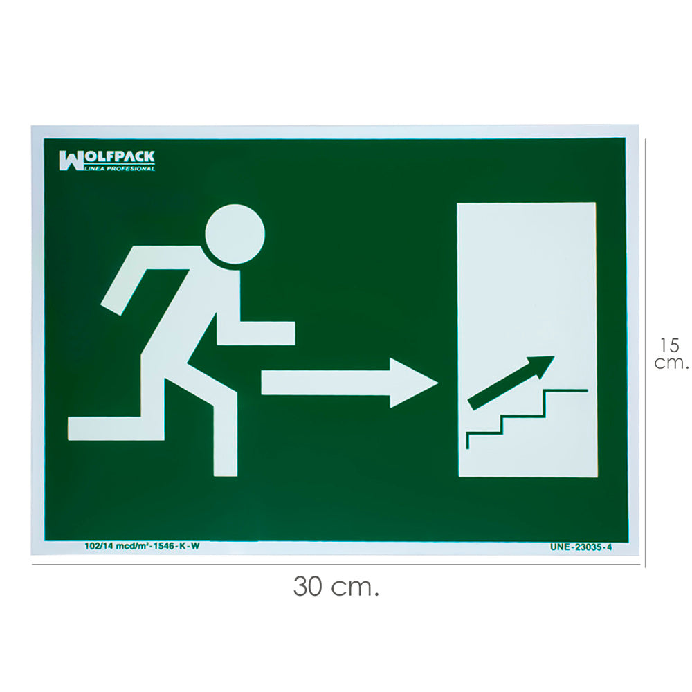 Cartel / señal fluorescente salida escalera derecha arriba 21x30 cm