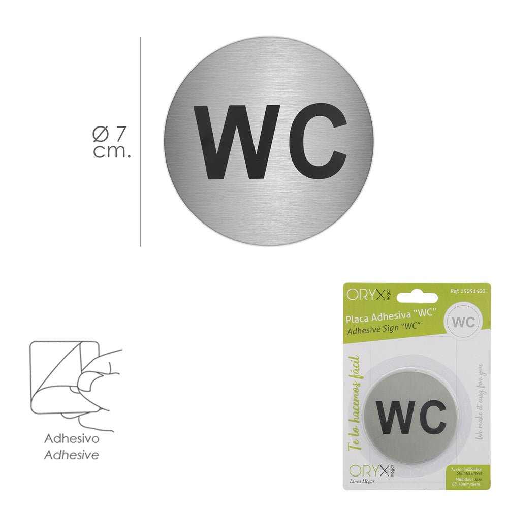 "WC" stainless steel adhesive sign, 7 cm diameter