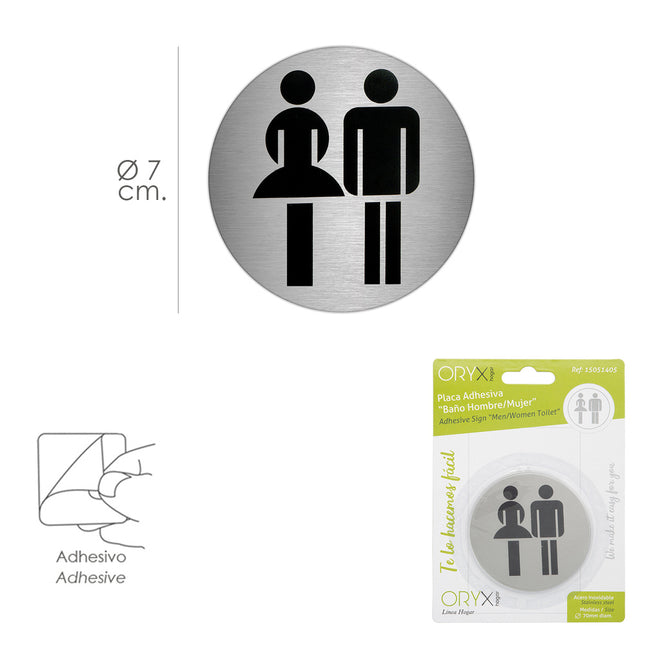 Placa adhesiva baño "mujer / hombre" acero inoxidable ø 7 cm