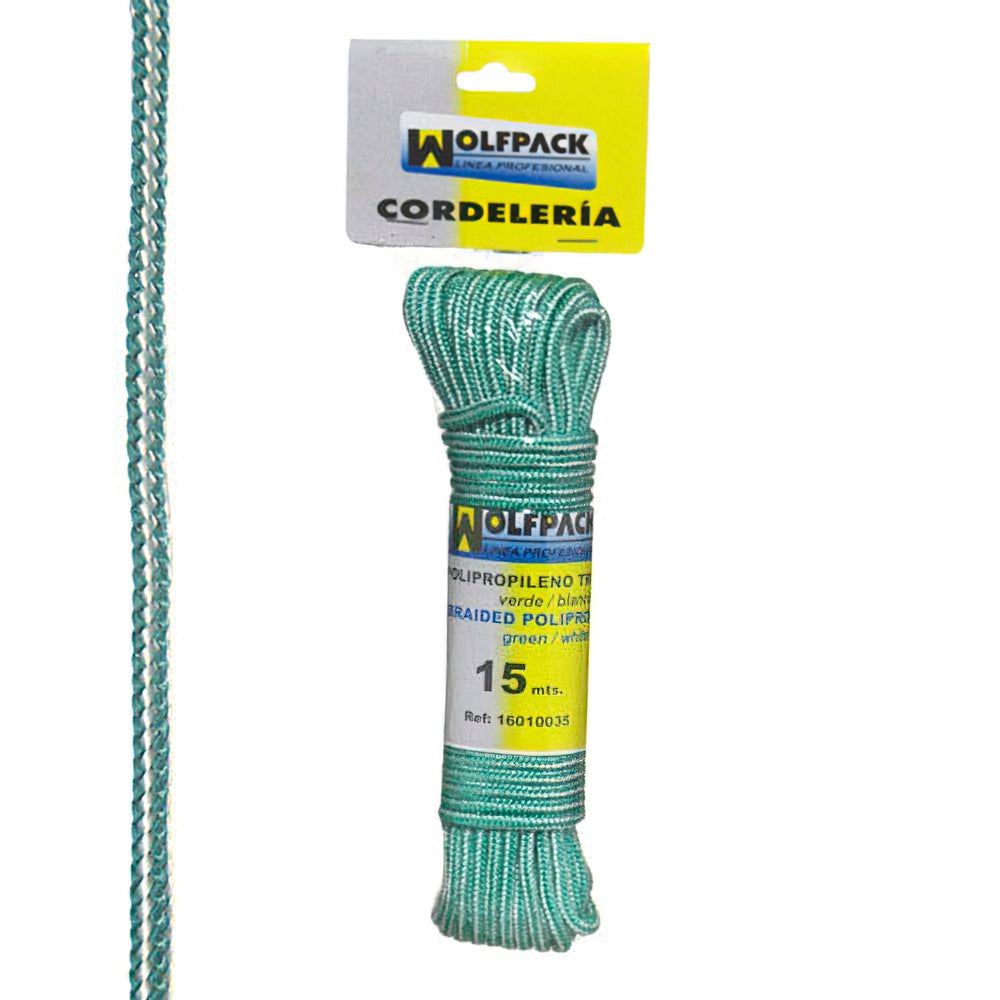 Cuerda trenzada polipropileno blanca / verde (madeja 15 m.)
